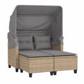 2-Sitzer Gartensofa aus Poly-Rattan mit Sonnendach und Hocker, Terrassenmöbel Set in Beige
