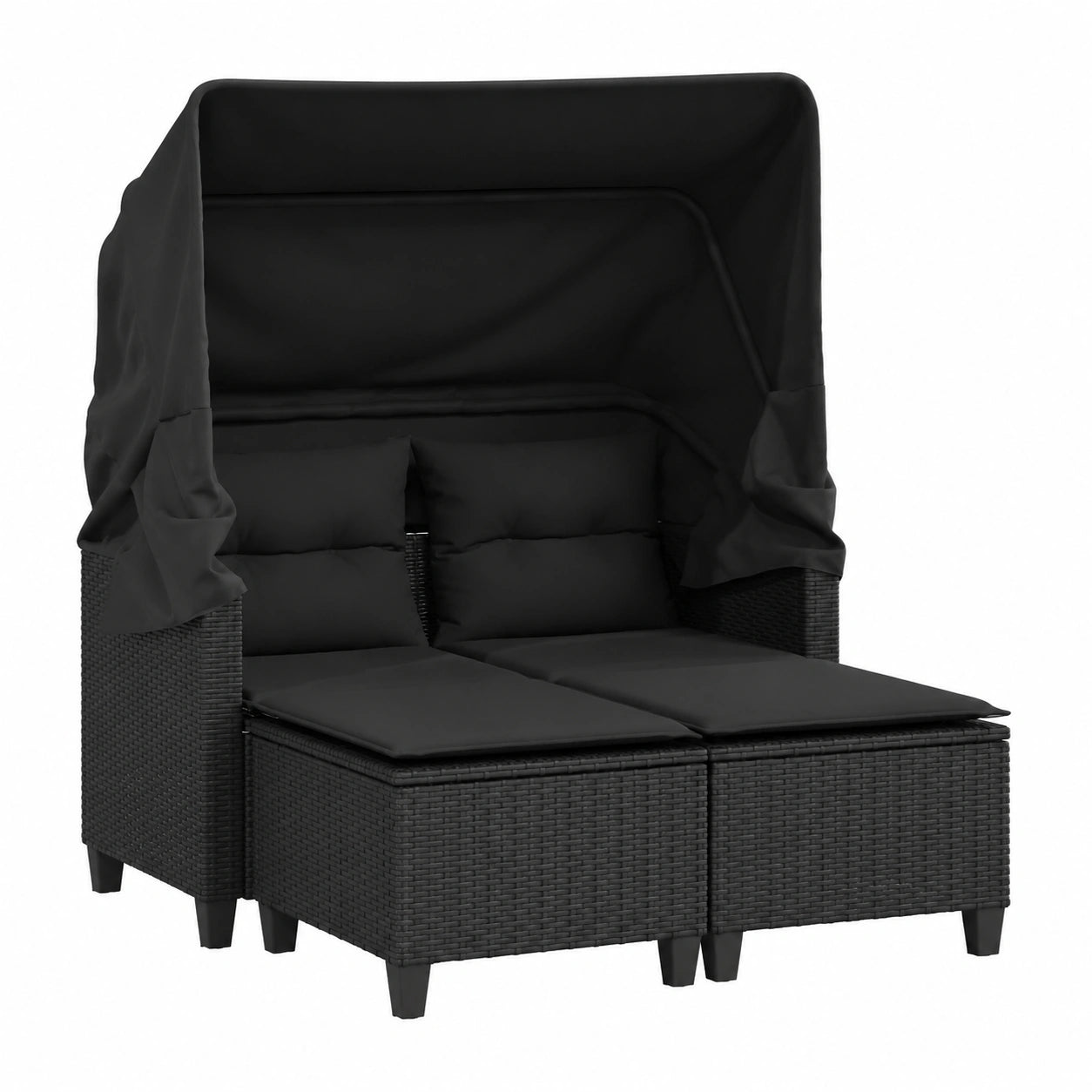 HUAKEHOM 2-Sitzer Gartenlounge mit Dach und Hocker, Poly-Rattan Terrassenmöbel, Schwarz