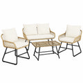 Yaheetech 4-teiliges Polyrattan Gartenloungeset mit Kissen, Wetterfeste Balkon- und Terrassenmöbel, Hellbraun und Cremeweiß