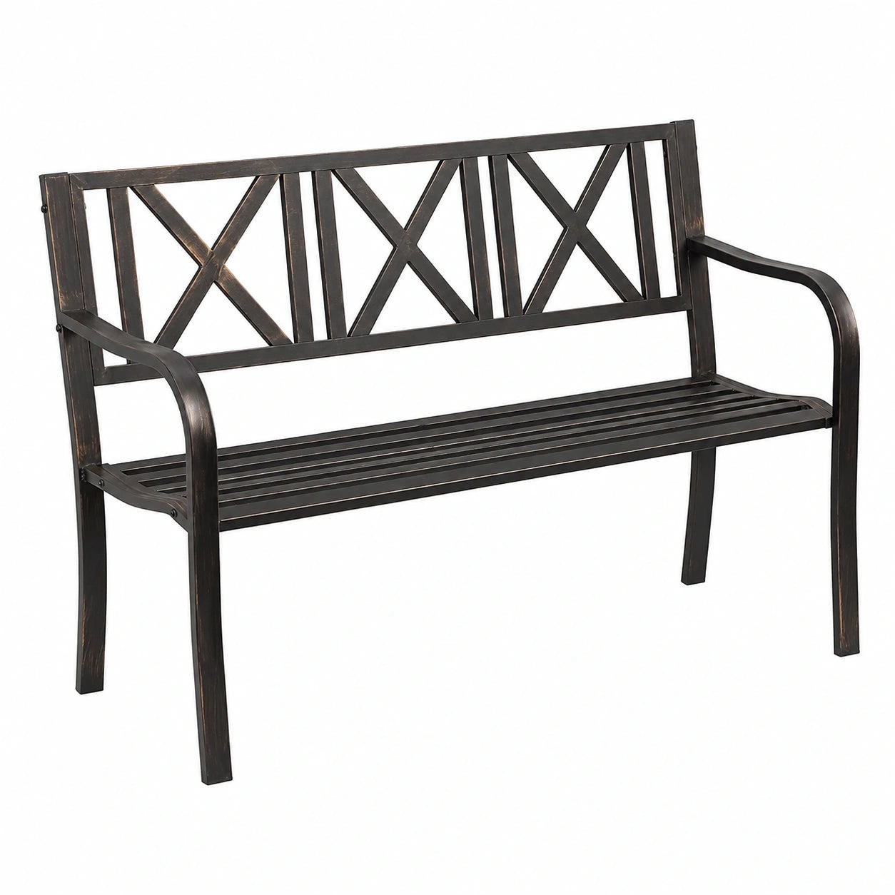 Robuste 2-Sitzer Stahl Gartenbank für Terrasse und Balkon, HBT 80,5 x 127 x 63 cm, schwarz-bronze