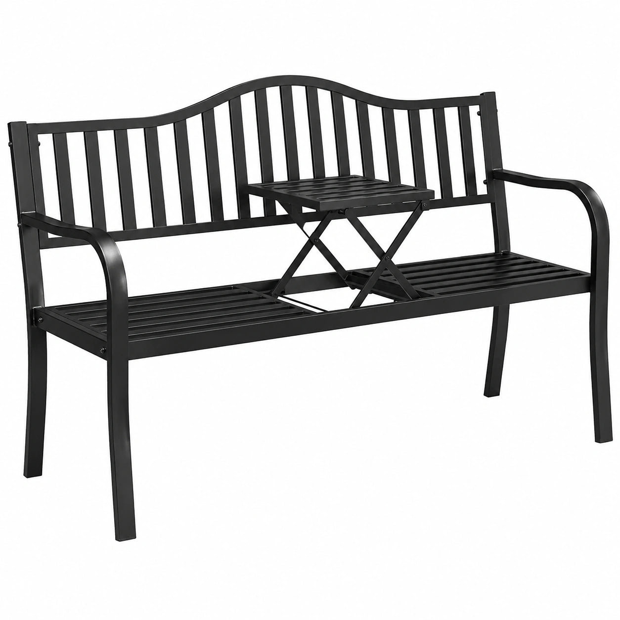 Stabile 3-Sitzer Gartenbank mit Klapptisch aus Metall, Schwarz