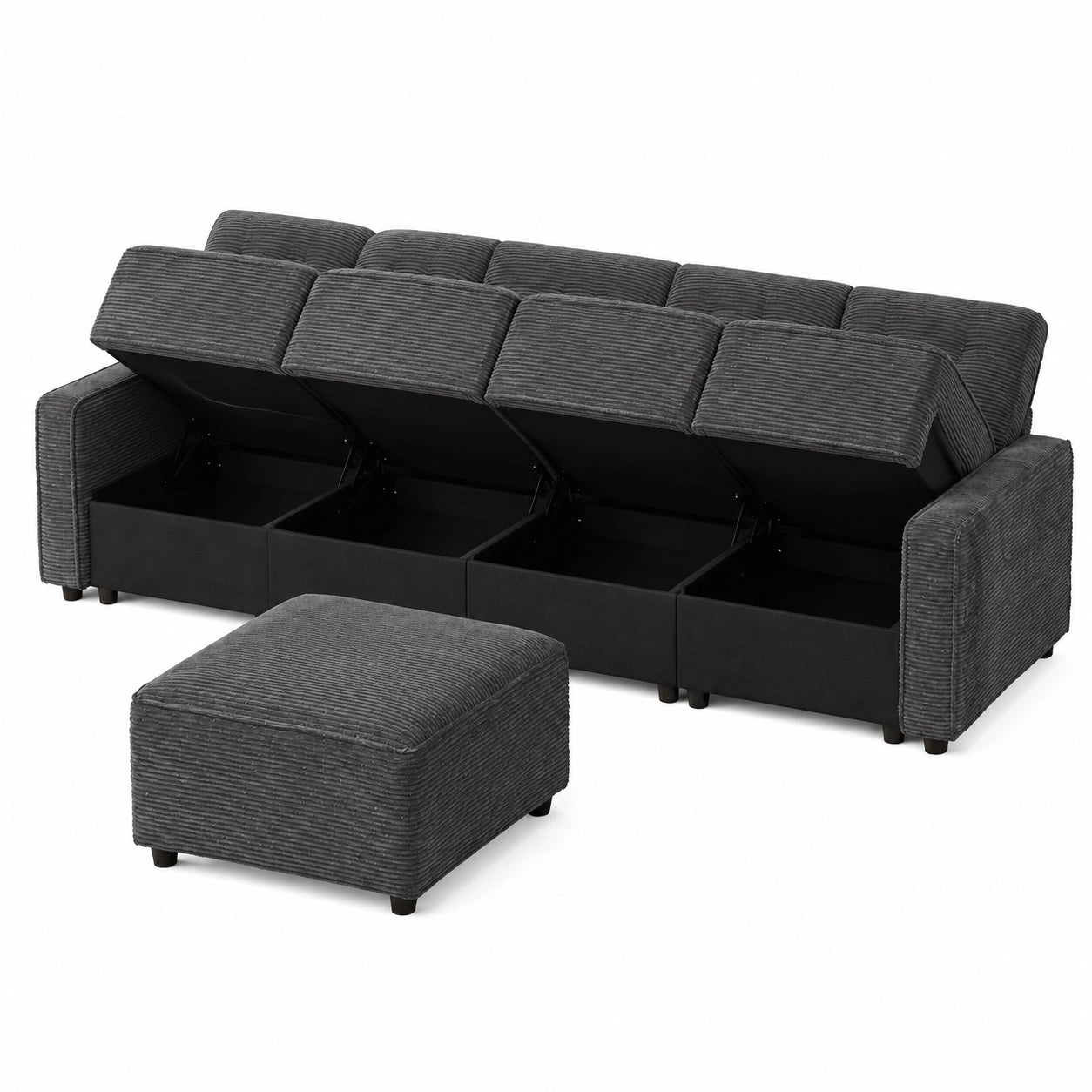 Merax 4-Sitzer Sofa mit Stauraum, Freistehender Hocker, Modernes Cordsofa, Grau