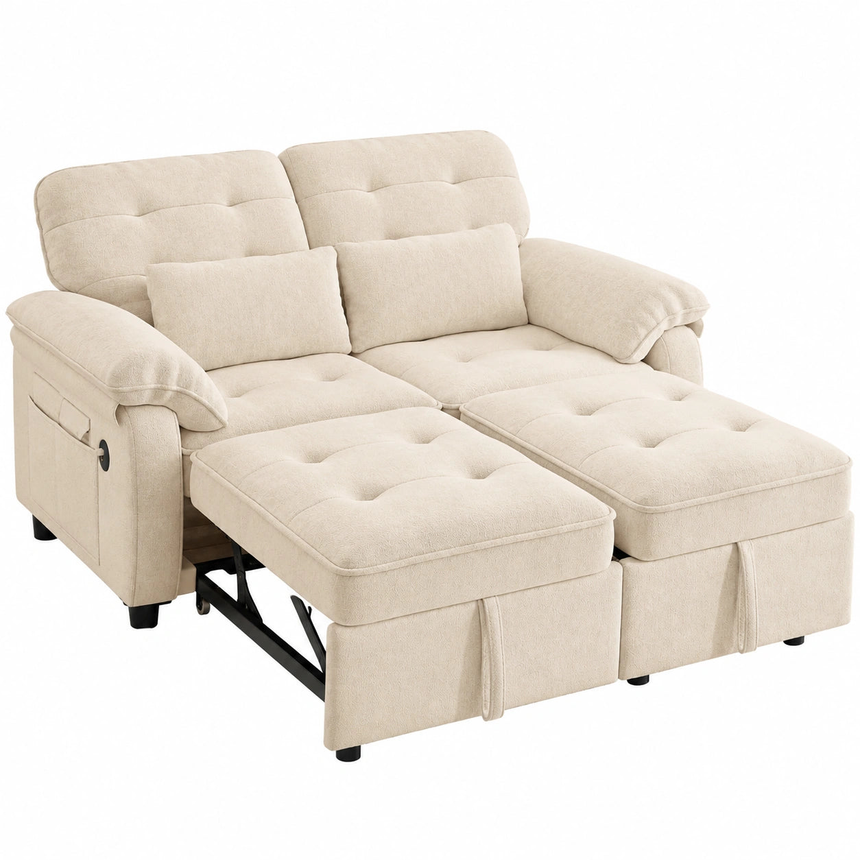 Modernes 2-Sitzer Schlafsofa mit USB-Ladefunktion, Verstellbarer Rückenlehne, Ausziehbar Beige