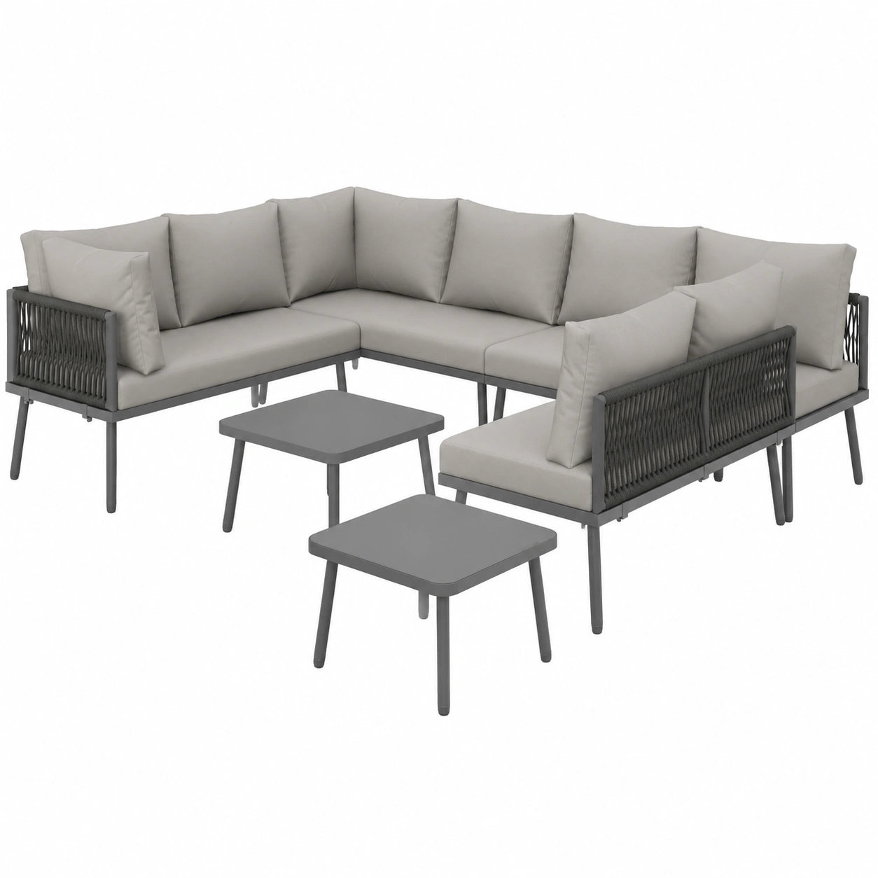 Modulares Gartenlounge-Set für 8 Personen, wetterfest mit 2 Tischen und Kissen, graues Terrassen-Ecksofa